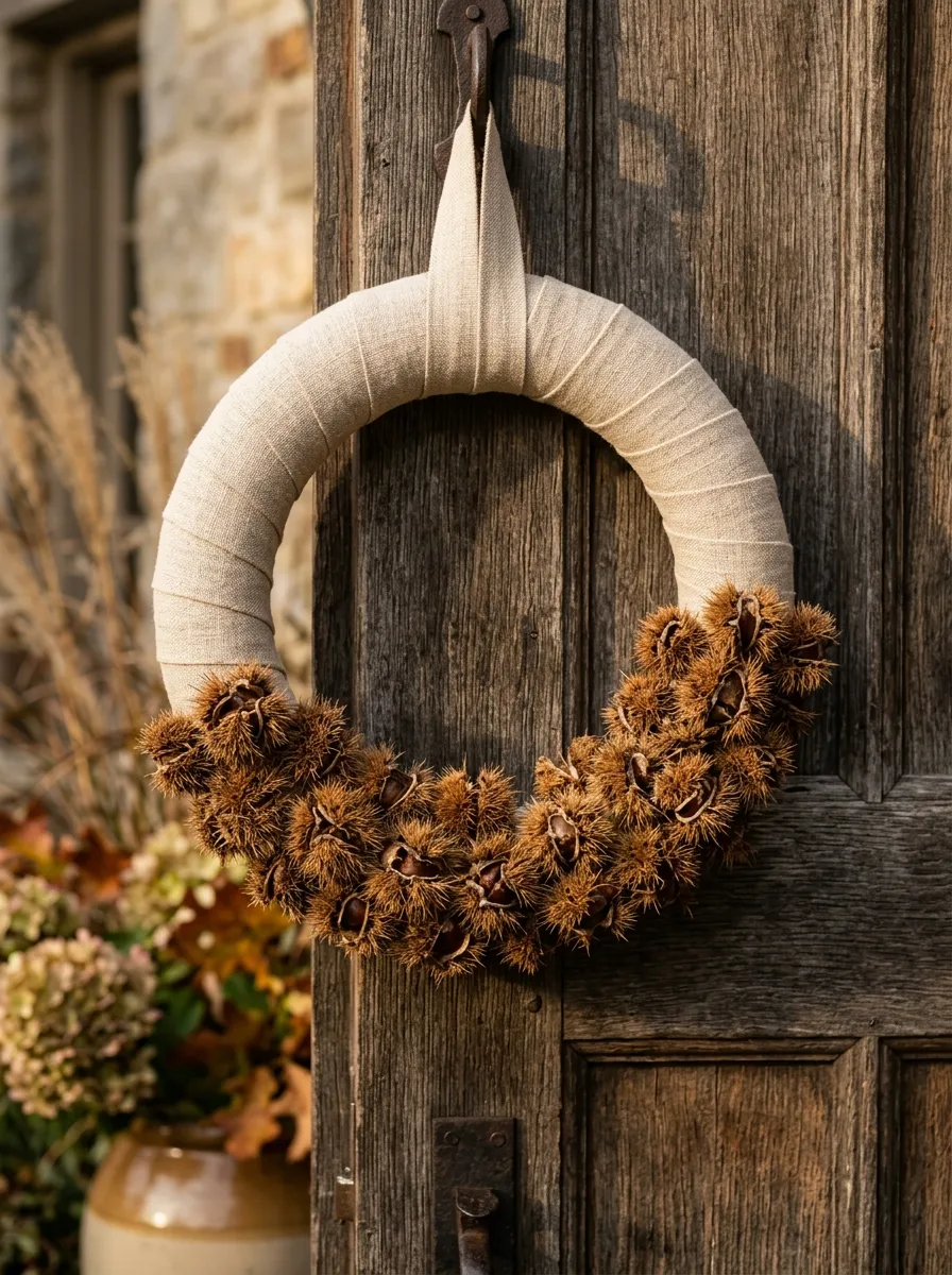 Wrapped Linen Ring with Preserved Chestnut Hulls
