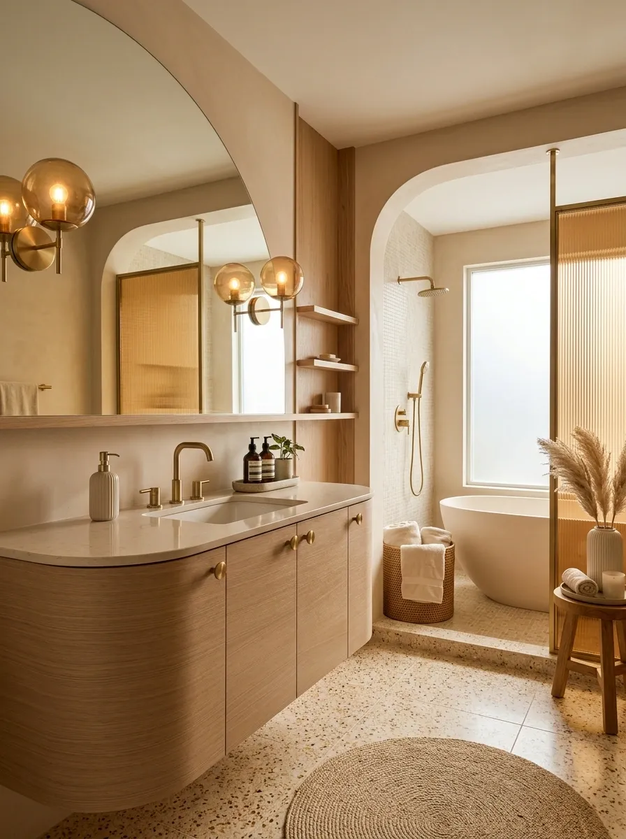 1970s-Inspired Beige Bathroom With Rounded Forms and Terrazzo