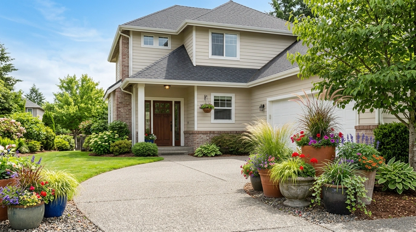 Driveway Landscaping Ideas With Planters, Flowers, and Greenery