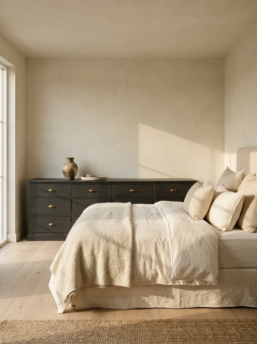 A Dark Painted Dresser Against A Light Bedroom