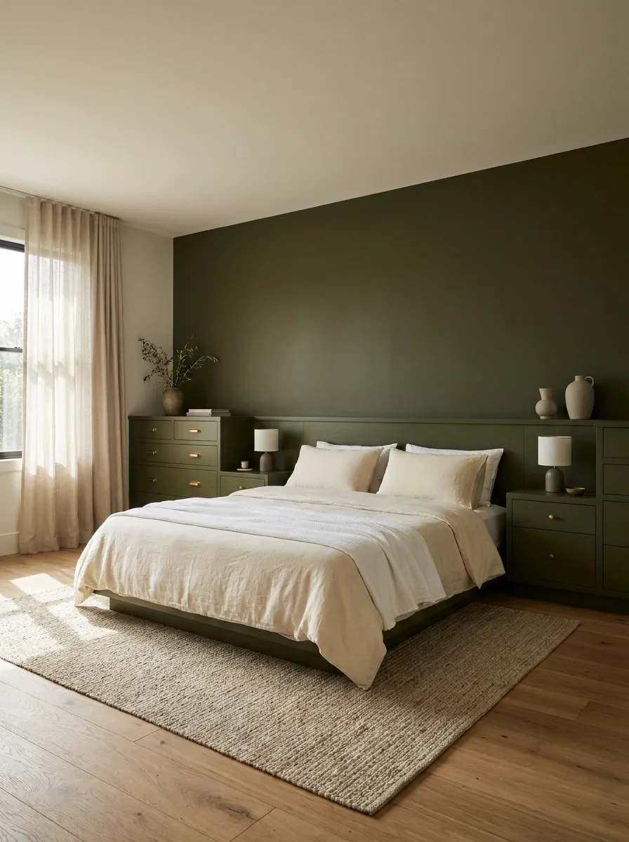 A Painted Furniture Focal Wall With Minimal Bedding