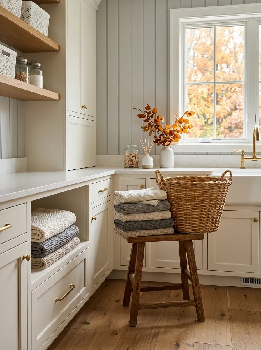 Add a Narrow Wood Stool Beside the Folding Area