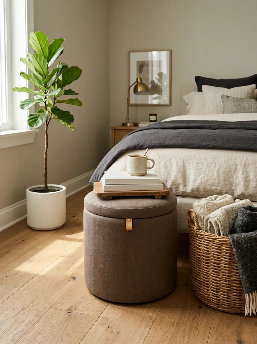 Add a Small Storage Ottoman That Pulls Double Duty