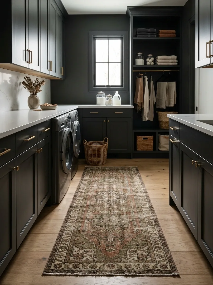 Add a Vintage Runner to Break Up the Dark Finishes