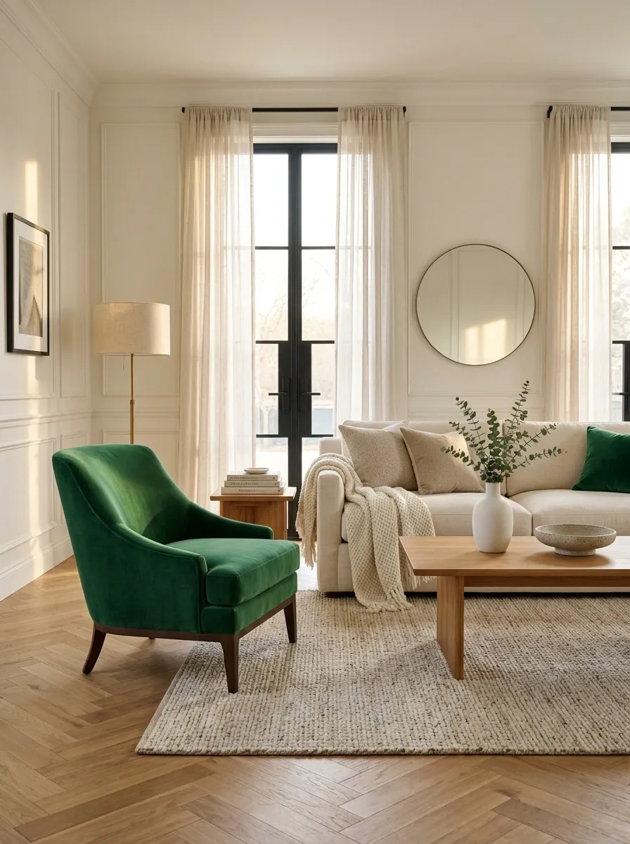 Add an Emerald Accent Chair to a Soft Neutral Living Room