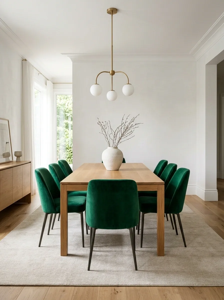 Add Emerald Green Dining Chairs Around a Simple Wood Table