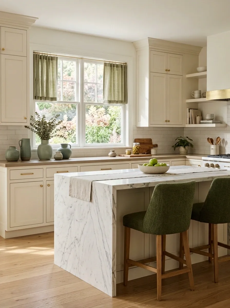 Add Green Through Curtains, Stools, and Small Accents