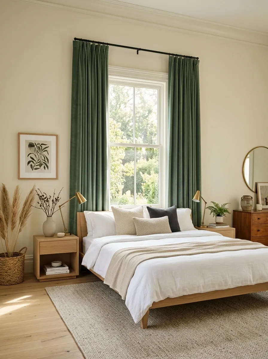 Add Green Through Floor-Length Curtains Instead of Paint