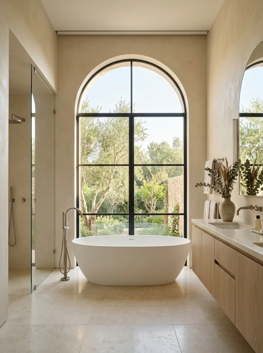 Airy Beige Bathroom With Arched Window and Pale Oak