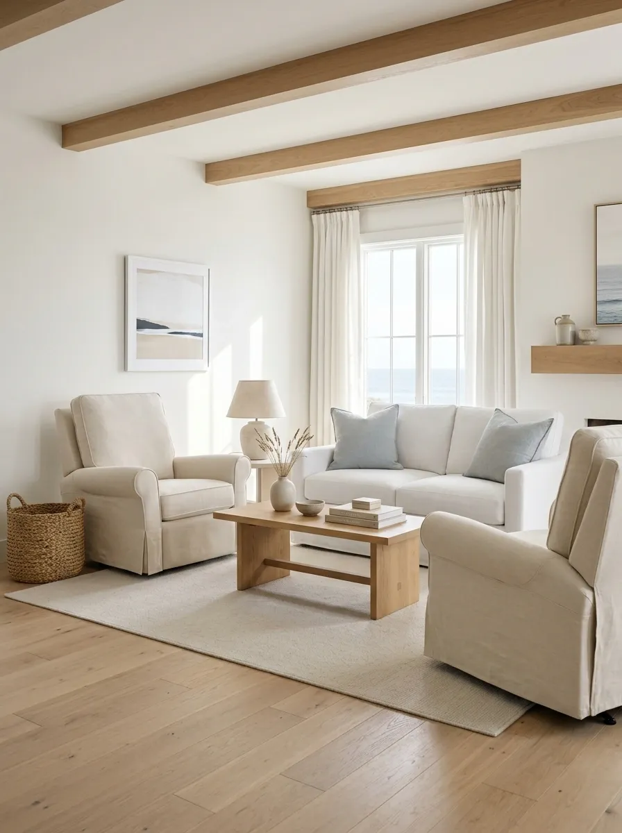 Airy Coastal Living Room With Slipcovered Recliners