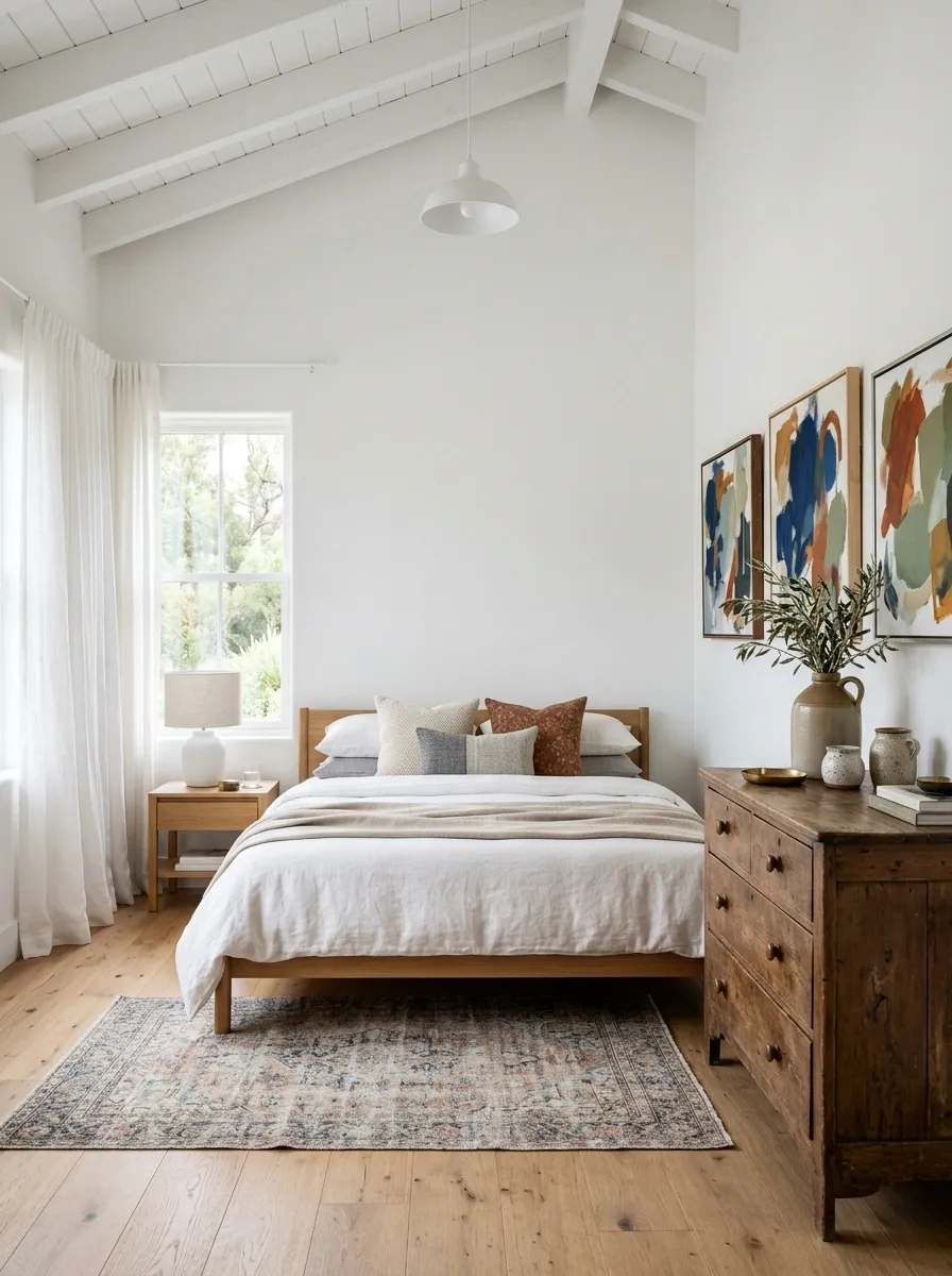 Airy Eclectic Bedroom With White Walls, Antique Pieces, and Colorful Art