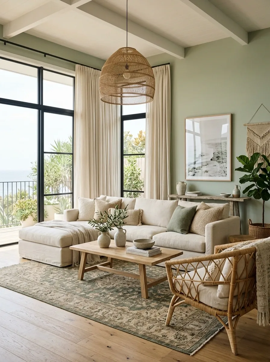 Airy Green Living Room With Rattan and Linen