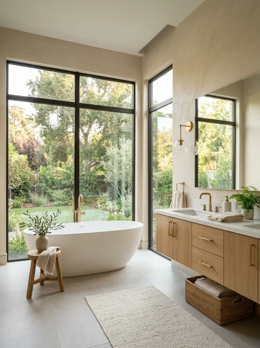 Airy Grey and Beige Bathroom With Large Windows