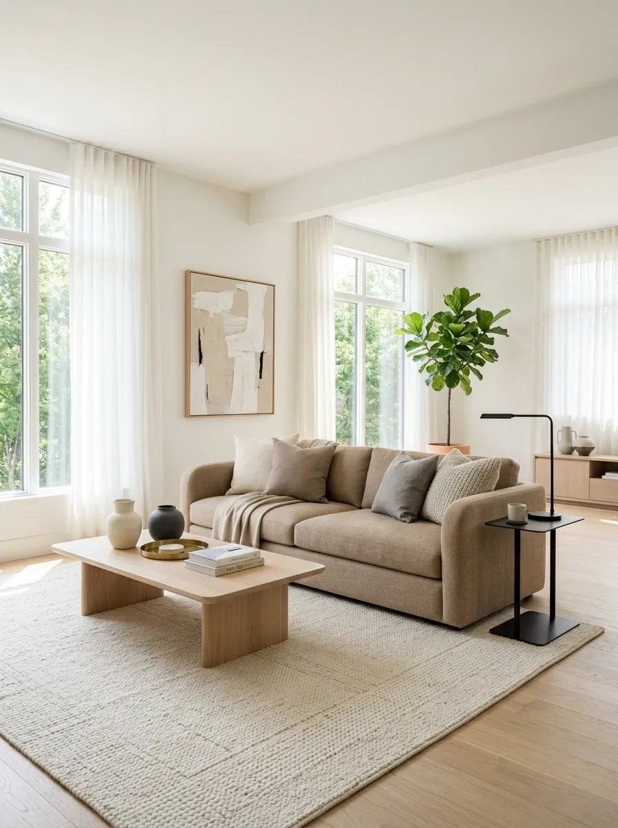 Airy Modern Living Room With a Light Brown Sofa