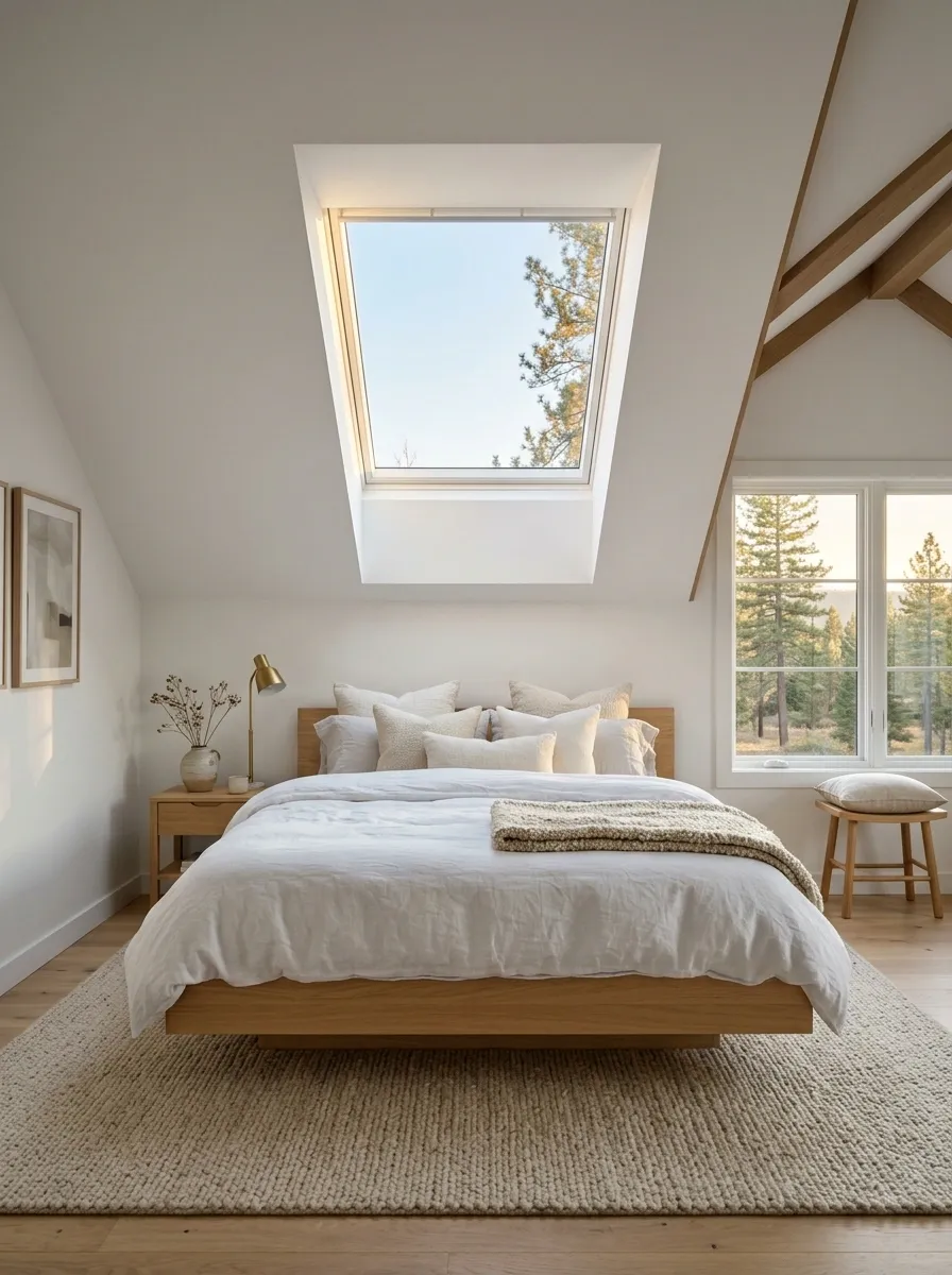 Airy White Bedroom With a Skylight Over the Bed