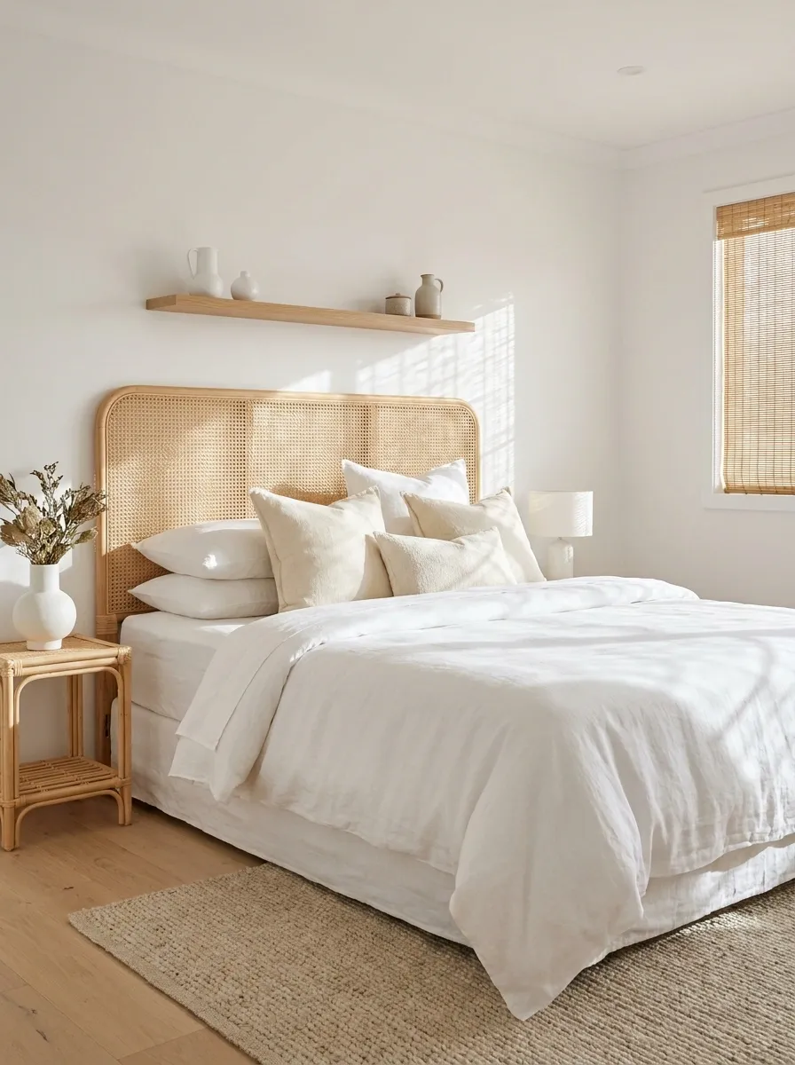 Airy White Bedroom With Woven Cane and Rattan Details