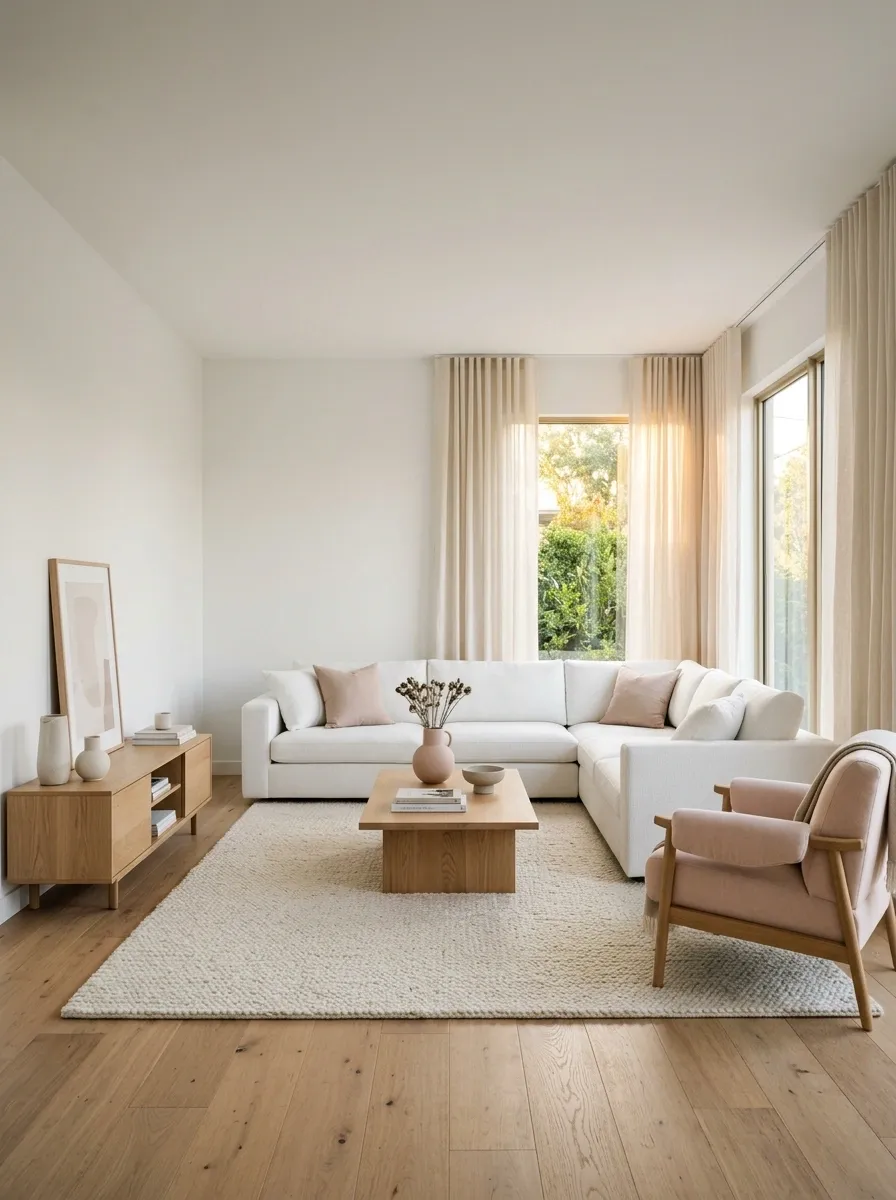Airy White Corner Sofa With Pale Pink and Natural Wood