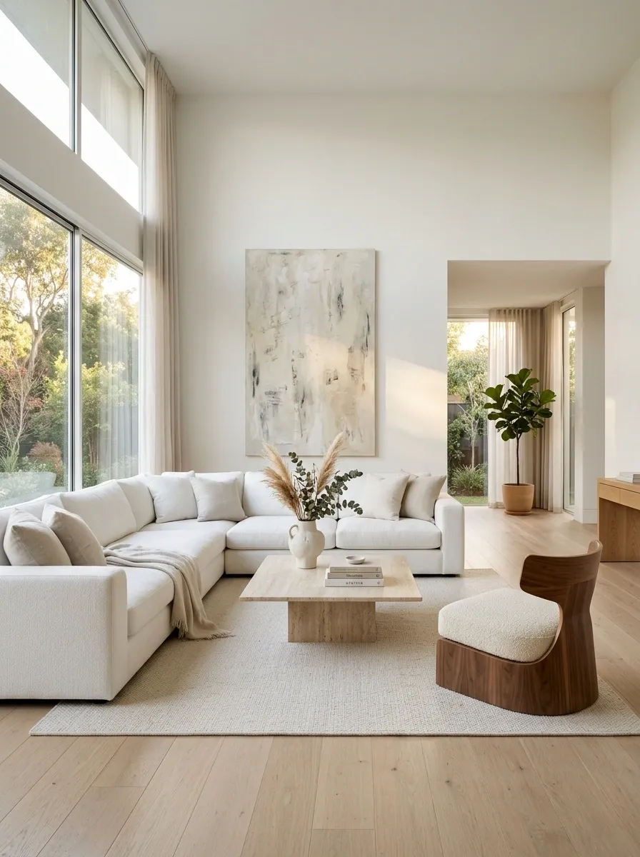 Airy White Living Room With Sectional and Sculptural Accent Chair