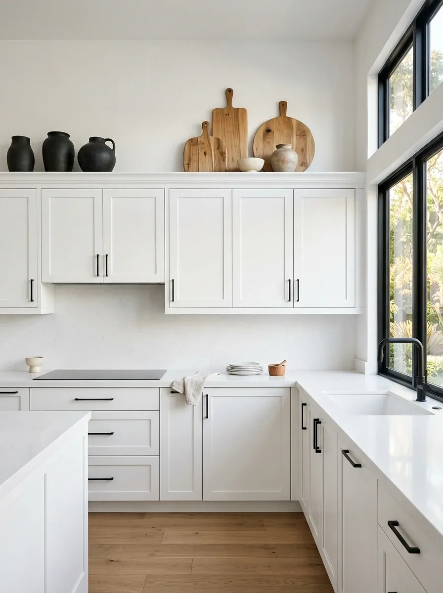 All-White Kitchen With Black-and-Natural Contrast