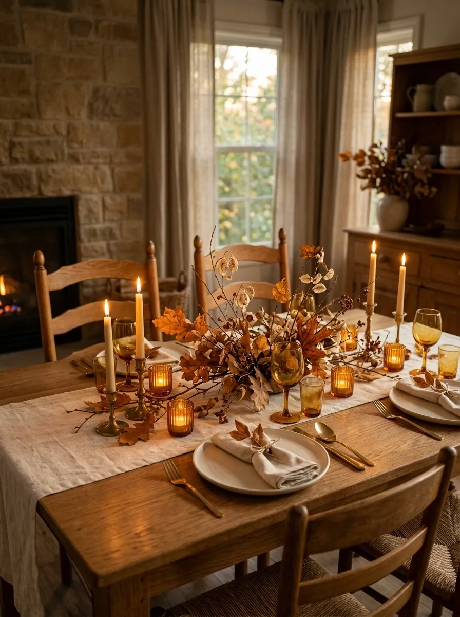 Amber Candlelit Table With Dried Leaves and Aged Brass