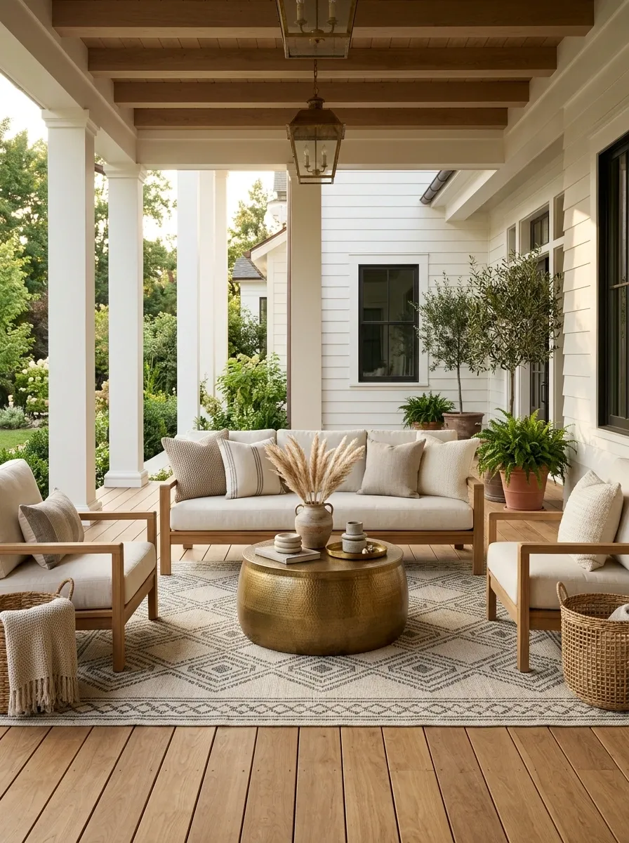 Anchor the seating with a rug that matches the porch scale