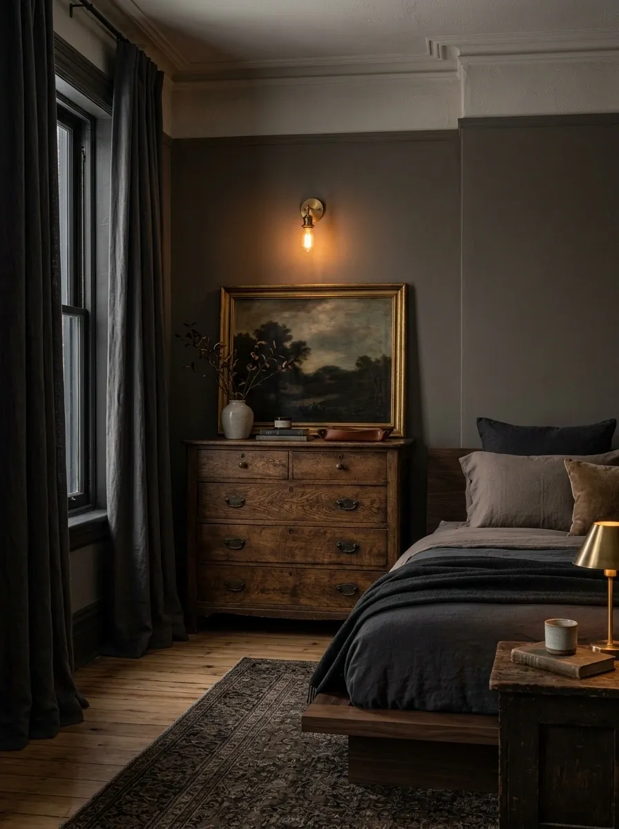 Antique Dresser With Layered Artwork and Warm Evening Light