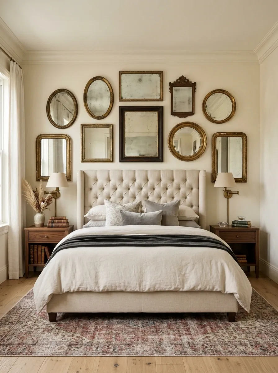 Antique Mirror Composition Above a Traditional Bed