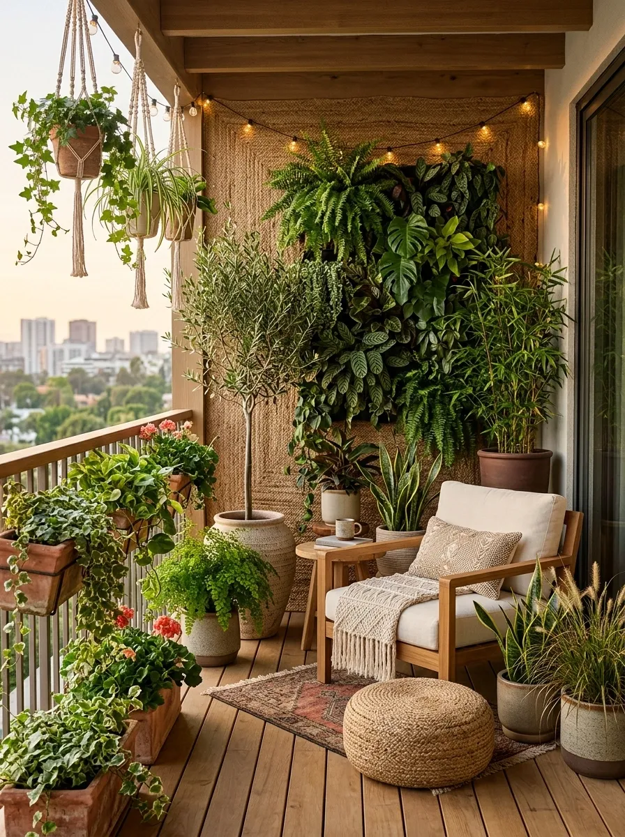 Apartment Balcony With Privacy Screen and Layered Greenery