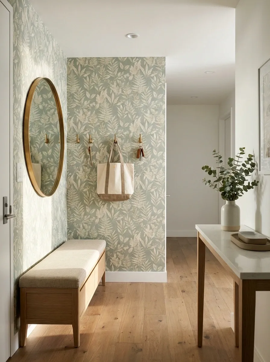 Apartment Entryway With Wallpapered Accent Wall and Clean Storage