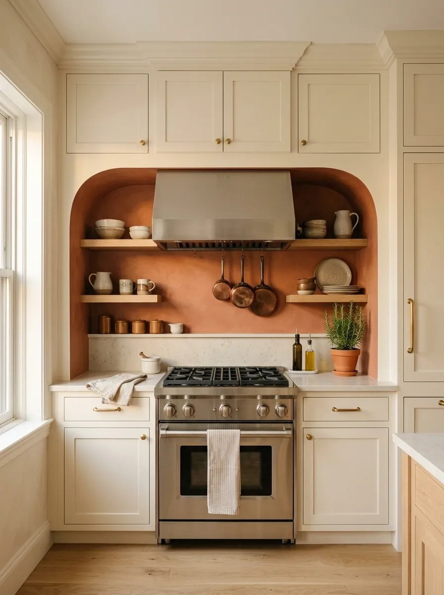Apartment-Friendly Kitchen With Warm Terracotta Stove Alcove