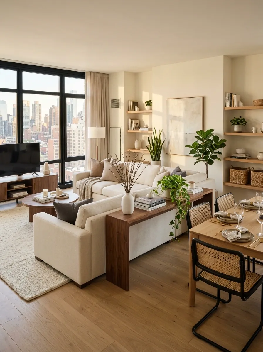 Apartment Sectional With Dining Table Tucked Behind It