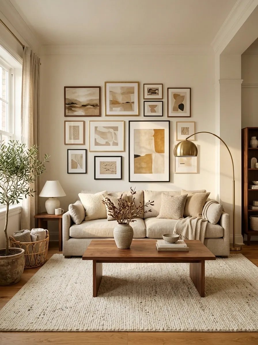 Apartment With a Gallery Wall Anchoring a Large Neutral Sofa