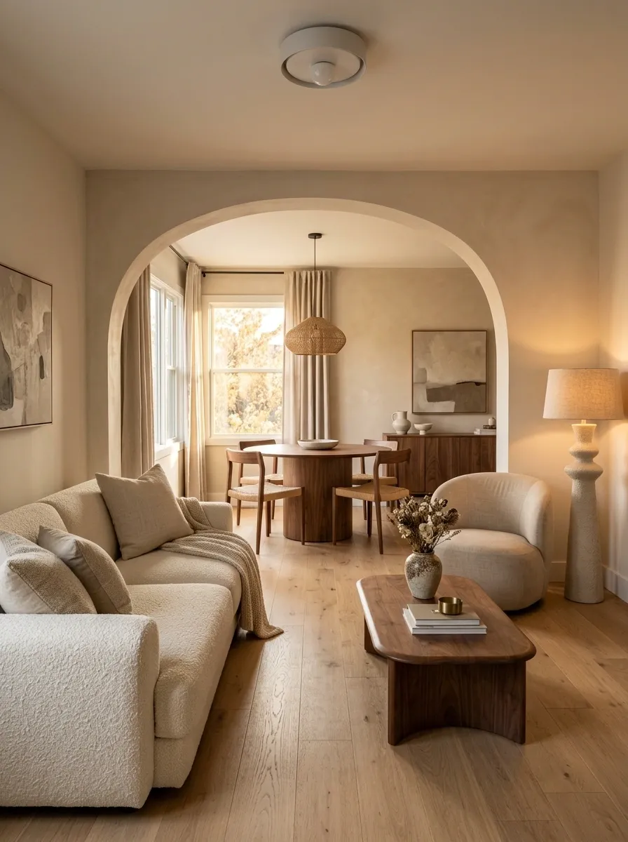 Apartment With a Soft Archway Between Living and Dining Areas