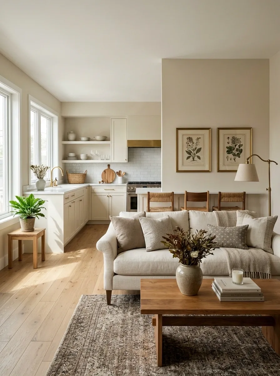 Apartment With a Soft Traditional Living Room and Modern Kitchen