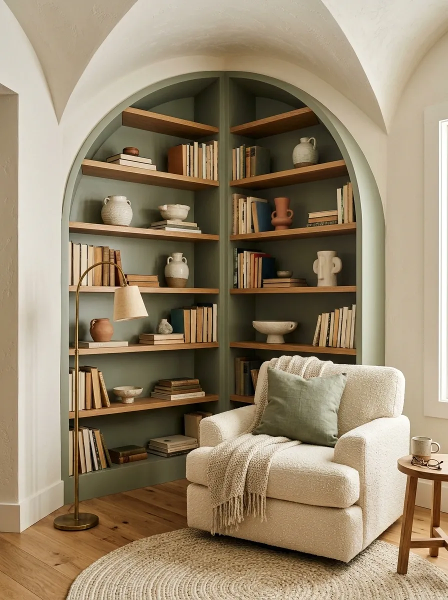 Arched Bookcase With a Deep Lounge Chair