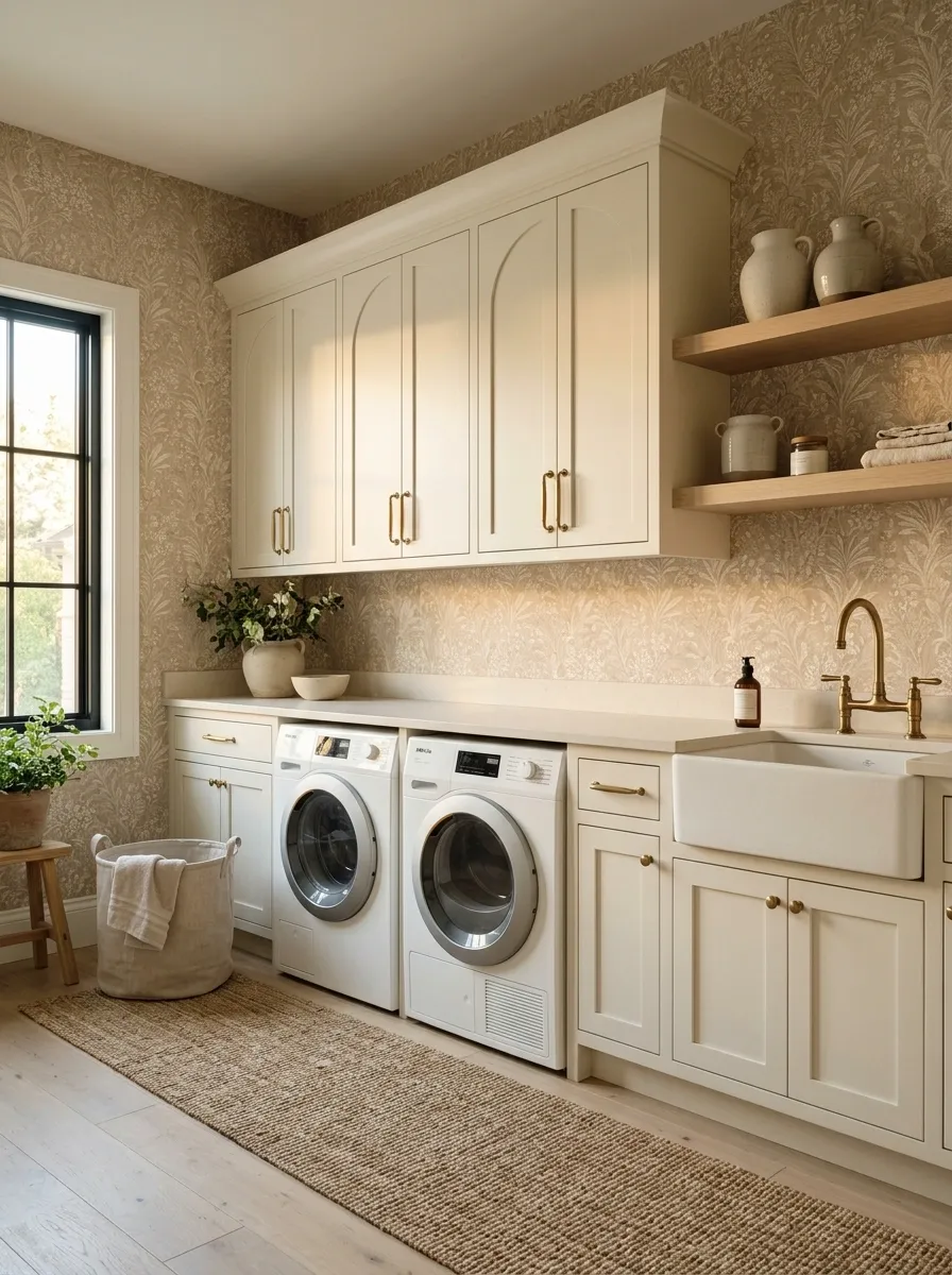 Arched Cream Cabinetry With Warm Beige Botanical Wallpaper