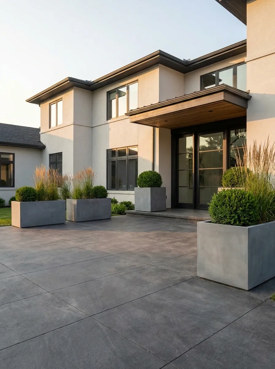Architectural Concrete Planters at a Wide Drive