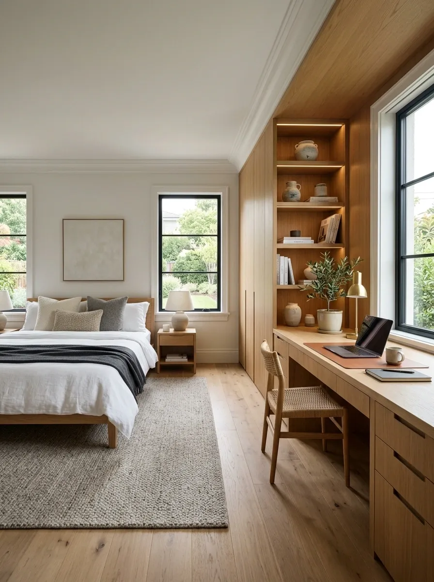 Architectural Guest Room With a Full Wall of Office and Storage Millwork