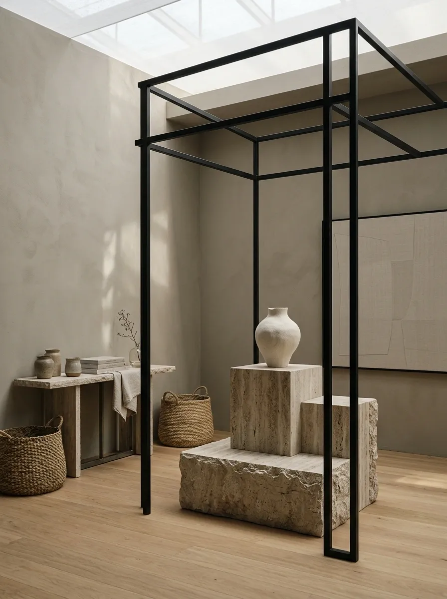 Architectural Neutral Booth With Oversized Framing and Sculptural Displays