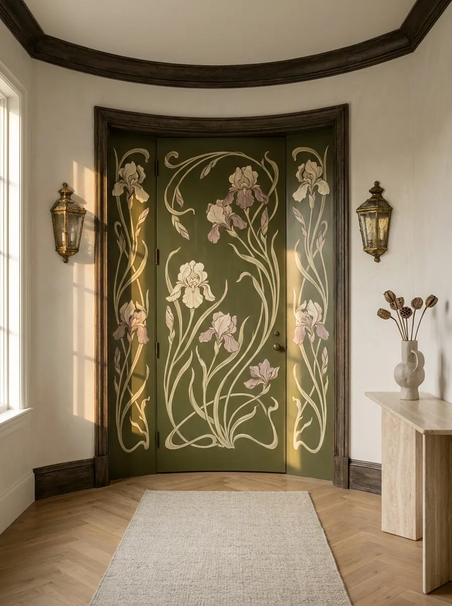 Art Nouveau Floral Door With Curved Entry Architecture