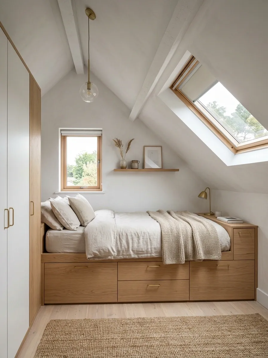 Attic Bedroom With a Sloped Ceiling and Built-In Drawers