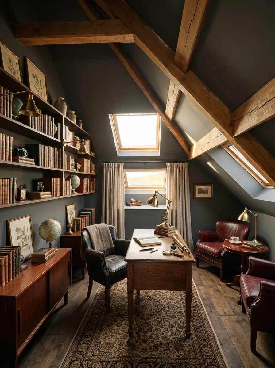Attic Dark Academia Office With Sloped Ceilings