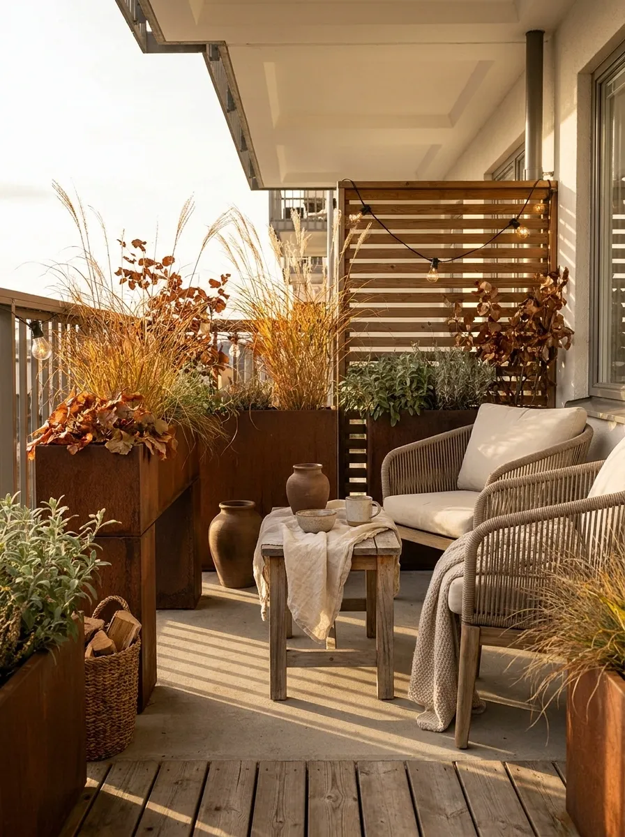 Autumn Balcony With Rust Planters, Ornamental Grasses, and Seasonal Color