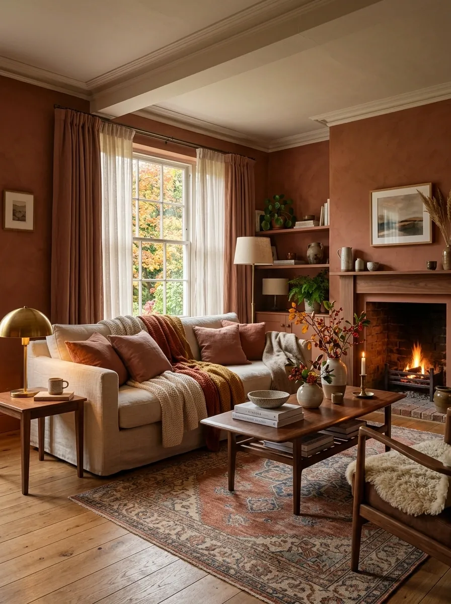 Autumnal Terracotta Living Room With Walnut and Linen