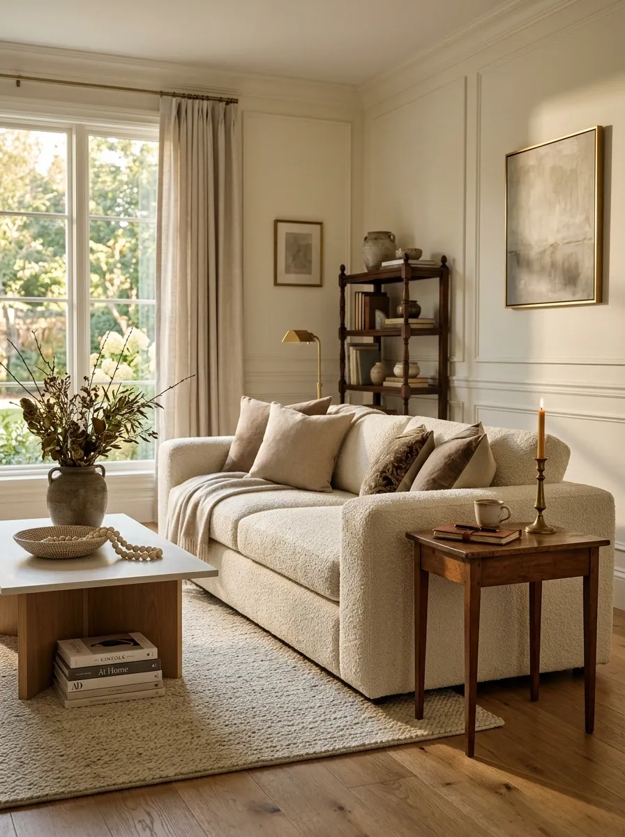 Balance a Delicate Vintage Table With a Chunkier Sofa