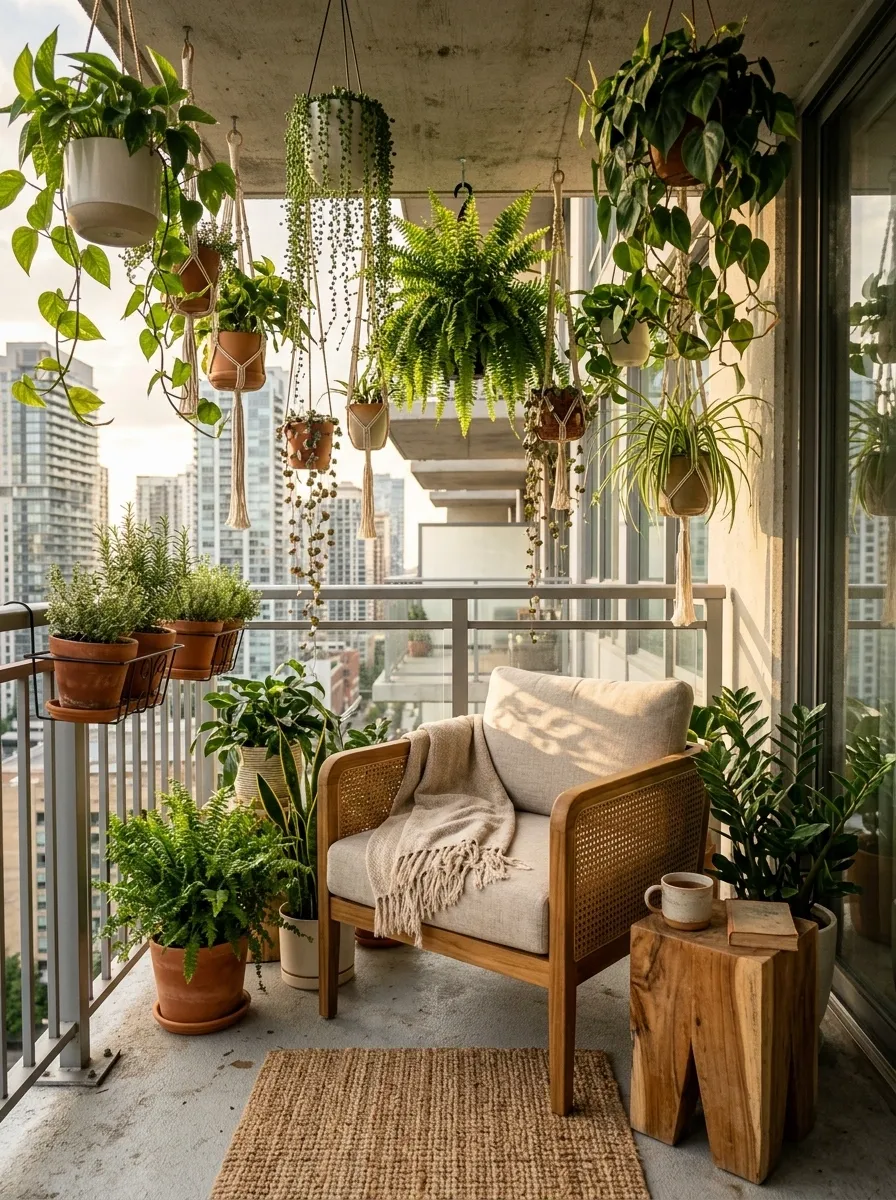 Balcony Garden With a Hanging Planter Canopy and Compact Lounge Chair