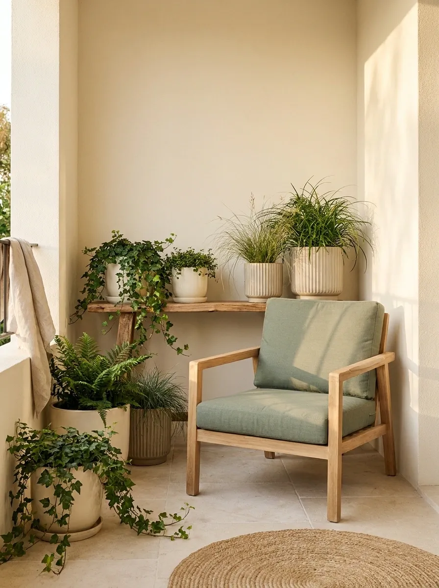 Balcony Garden With a Soft Green and Cream Palette