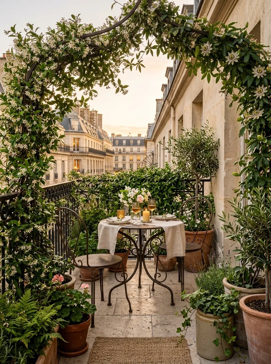 Balcony Garden With Flowering Vines and Bistro Dining for Two