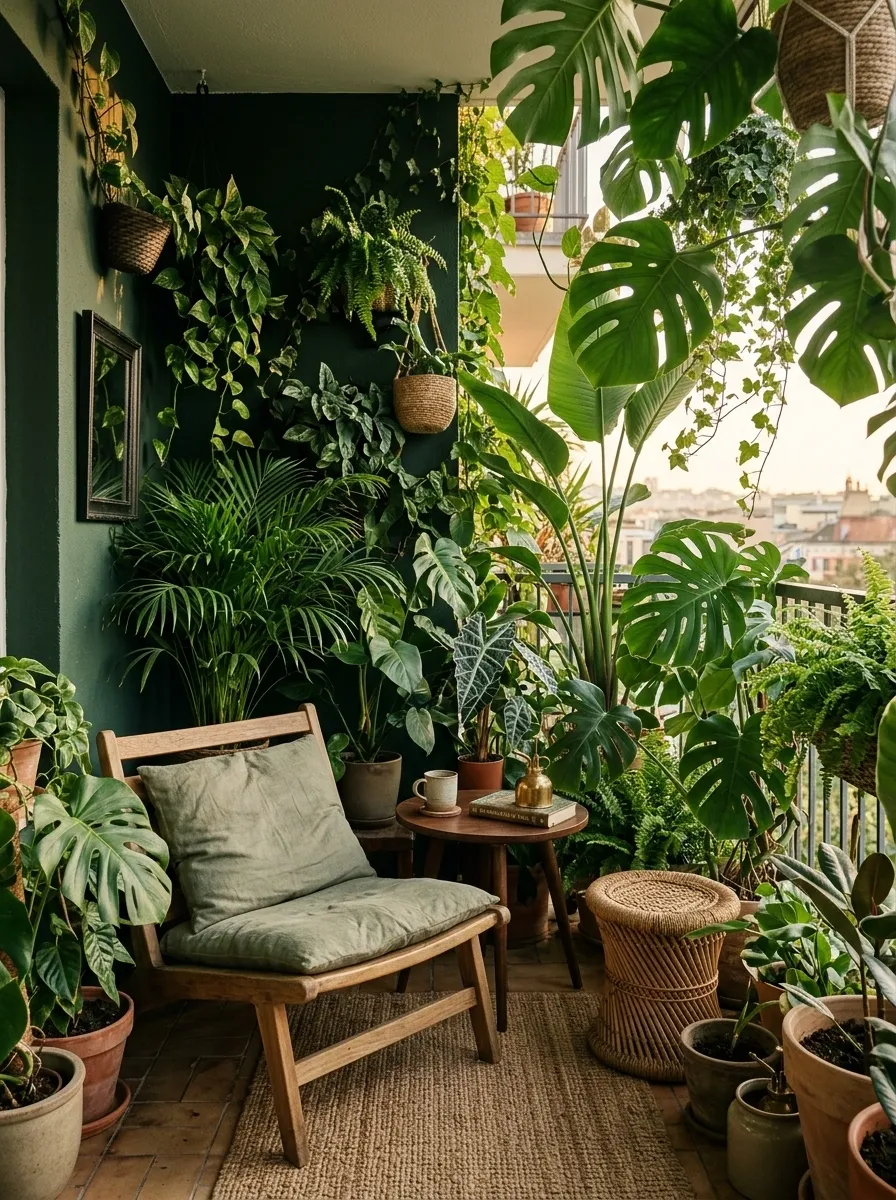 Balcony Jungle With Large Tropical Leaves and Dark Green Walls
