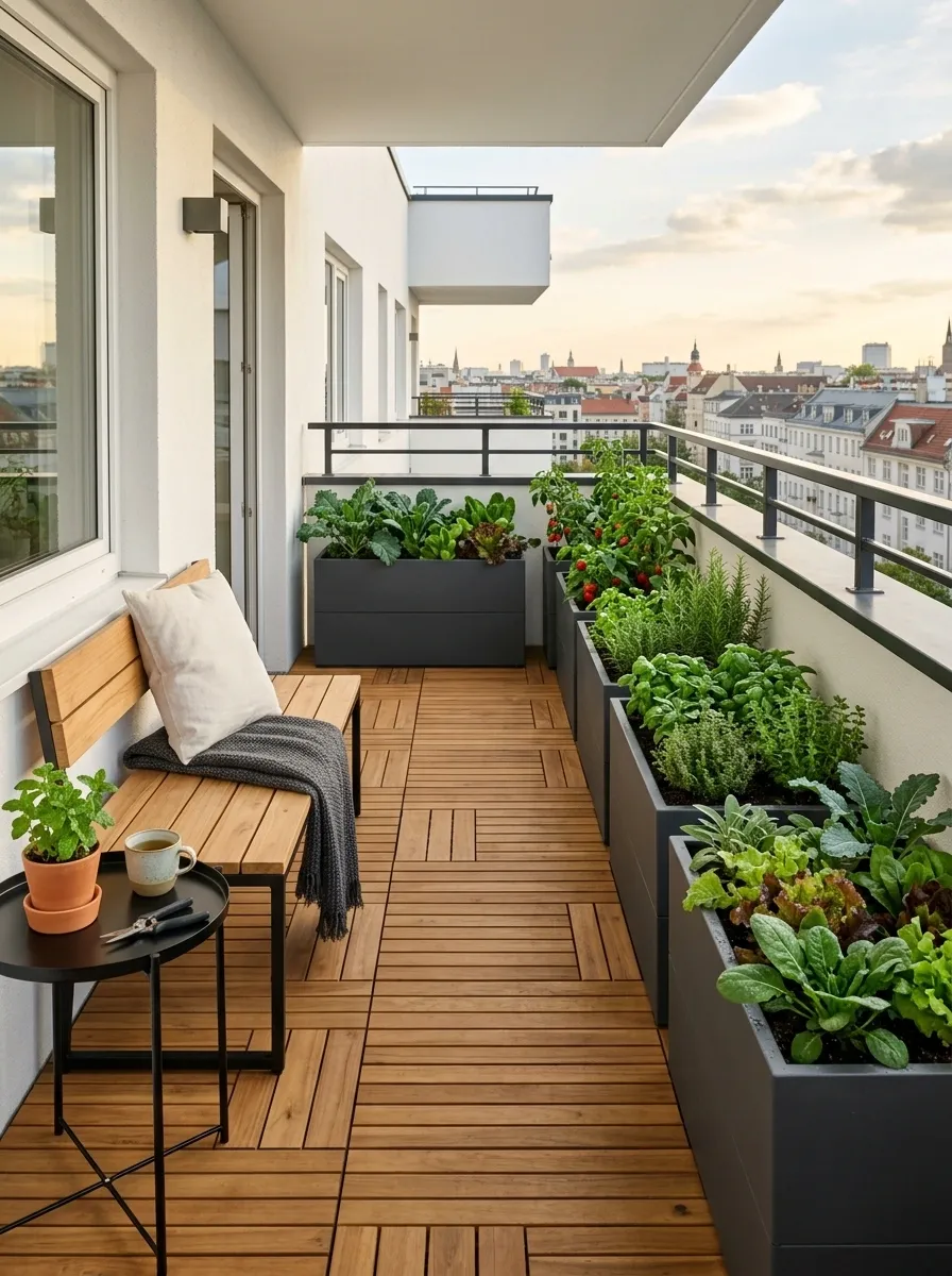 Balcony Vegetable Garden With Raised Edible Planters and Compact Seating